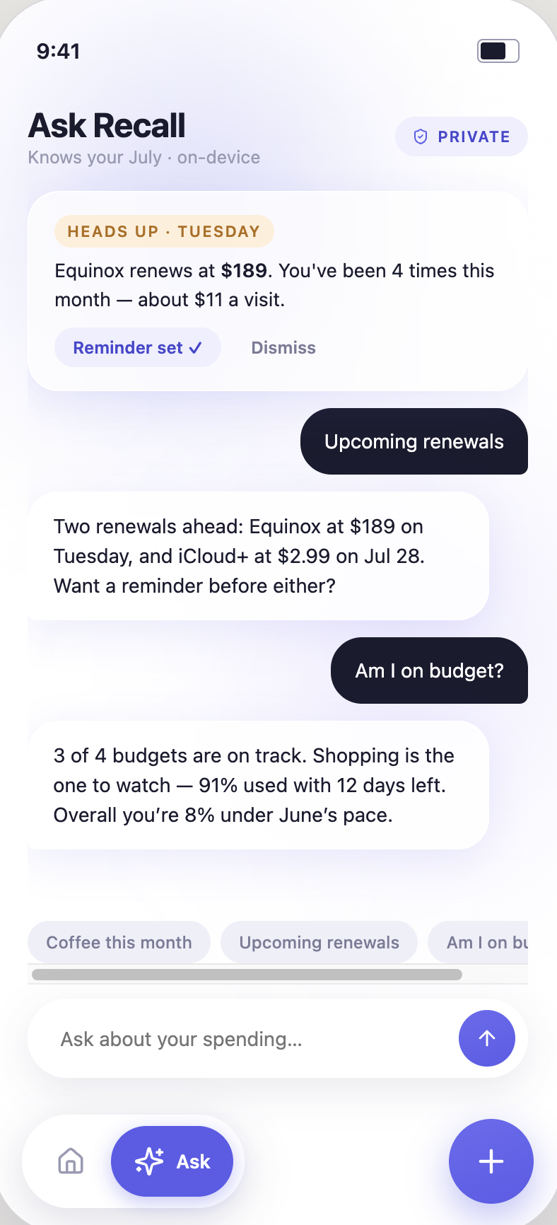 Ask Kioku chat answering a question about a past purchase in plain language