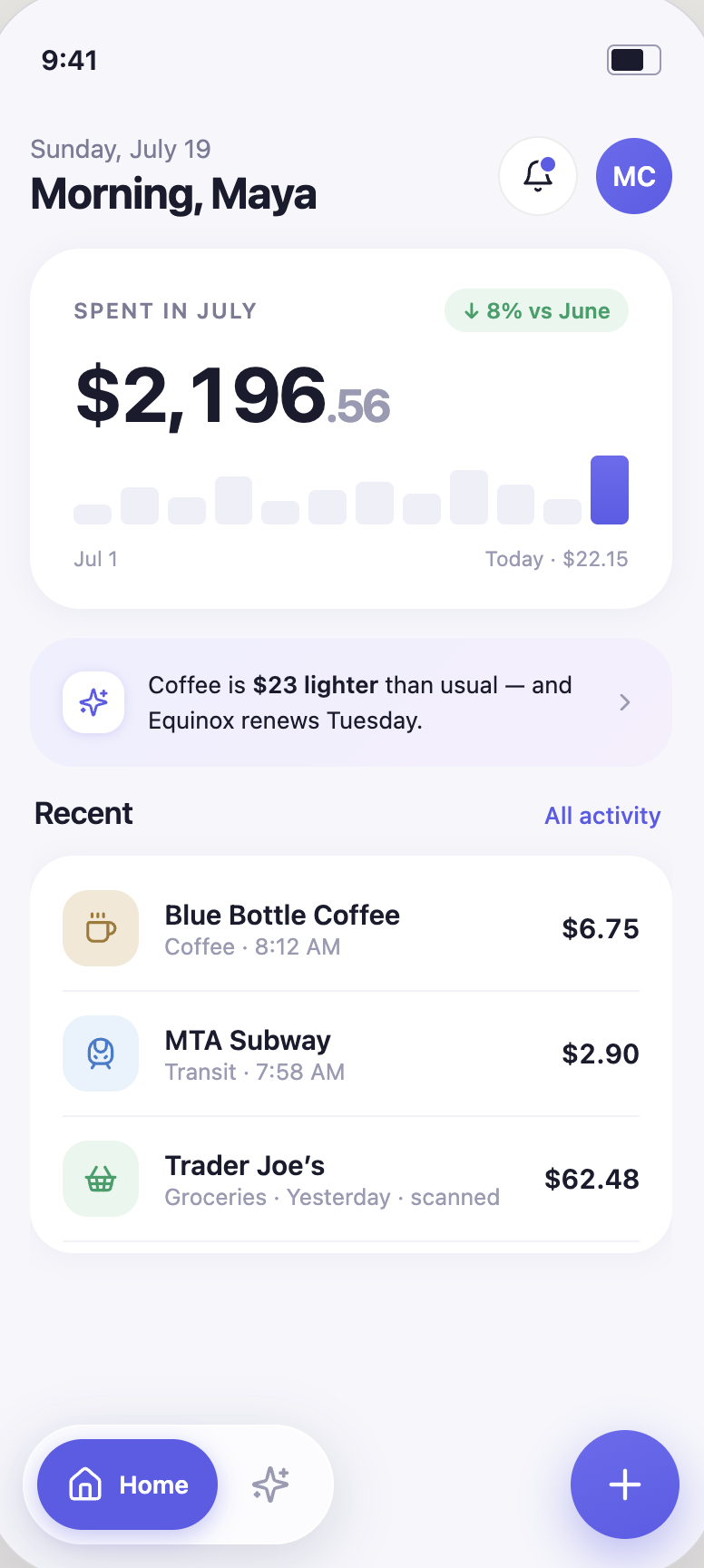 Kioku home screen showing July spending, an insight about coffee spending, and recent purchases